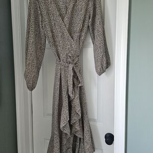 Leopard Print Wrap Dress in Beige and Navy